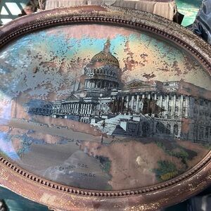 Rustic Vintage Antique Oval Framed US Capitol Building Washington DC Artwork
